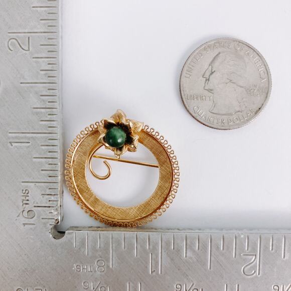 VTG Signed A&Z Brooch Gold Filled Green Jade Gemstone Circle Floral Mid Century - Picture 10 of 14